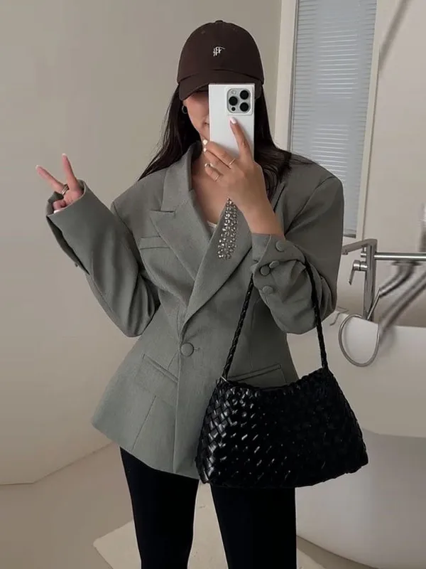 

Серый женский пиджак в корейском стиле с зауженной талией, универсальный, элегантный, весенне-осенний дизайн, повседневный топ, модный вариант для работы и отдыха