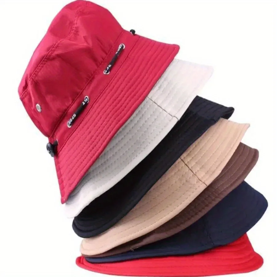 

Solid-colour Wide-brimmed Fisherman's Hat with Metal Breathable Mesh Holes, Foldable with Drawstring, for Men in Summer.