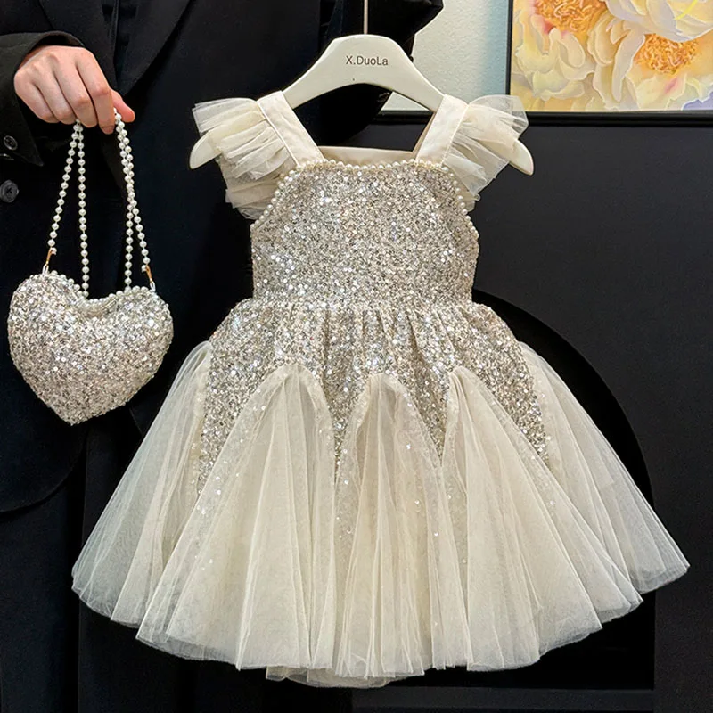 ملابس أطفال بناتي مطرزة بأكمام طائرة فساتين حفلات صيفية جديدة للفتيات سترة شبكية أنيقة فستان الأميرة للحفلات المسائية