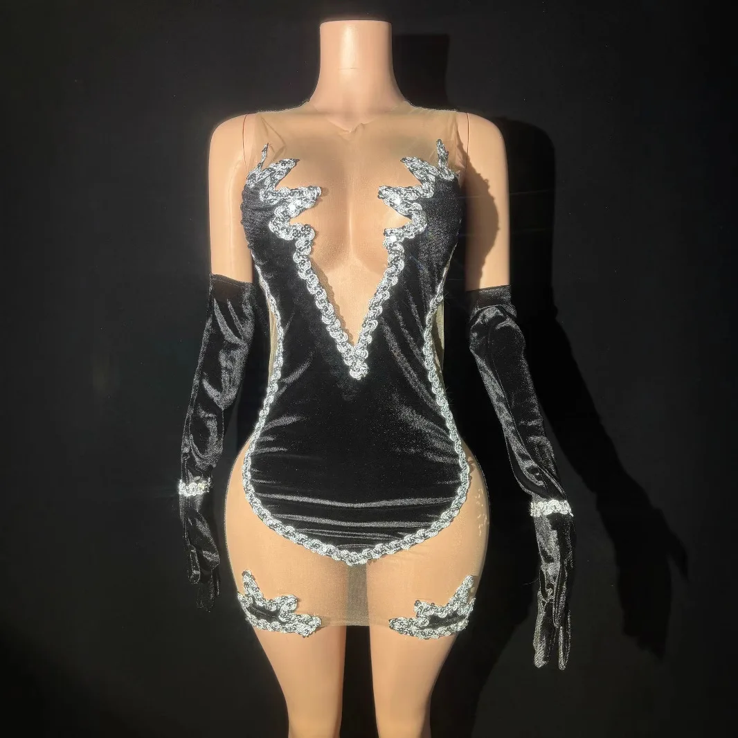 2025Sparkling Rhinestone Birthday Party Dress Elegant Stage Performance Costume Women's Evening Gown with Mesh Sleeves Celebrity