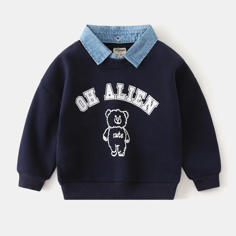 

2025 Winter Children Clothing 2-7Y Boys Fleece Sweatshirt Cartoon Bear Letter Print Denim Collar Kids Casual Top