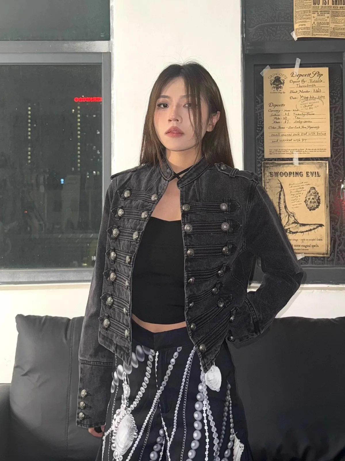 Punk Style Short Denim Jacket Women's Fashion Breathable Standard Fit Button Decorated Stand Collar Versatile Casual Coat