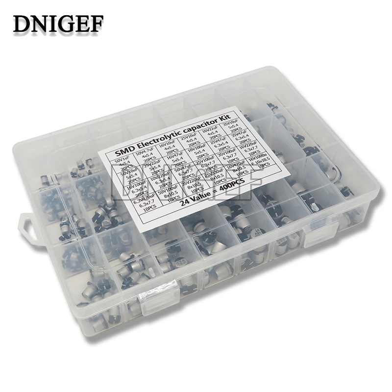 400PCS/Set 24Values 1uF~1000uF 6.3V-50V SMD Aluminum Electrolytic Capacitors Assortment Kit + Box