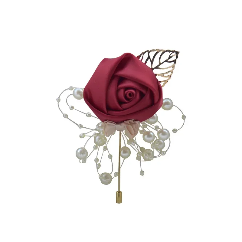 Elegant Satin Rose Prom Corsage Ceremony Flower Brooches Wedding Boutonnieres Groom Groomsmen Buttonhole Flowers Bow Lapel Pin