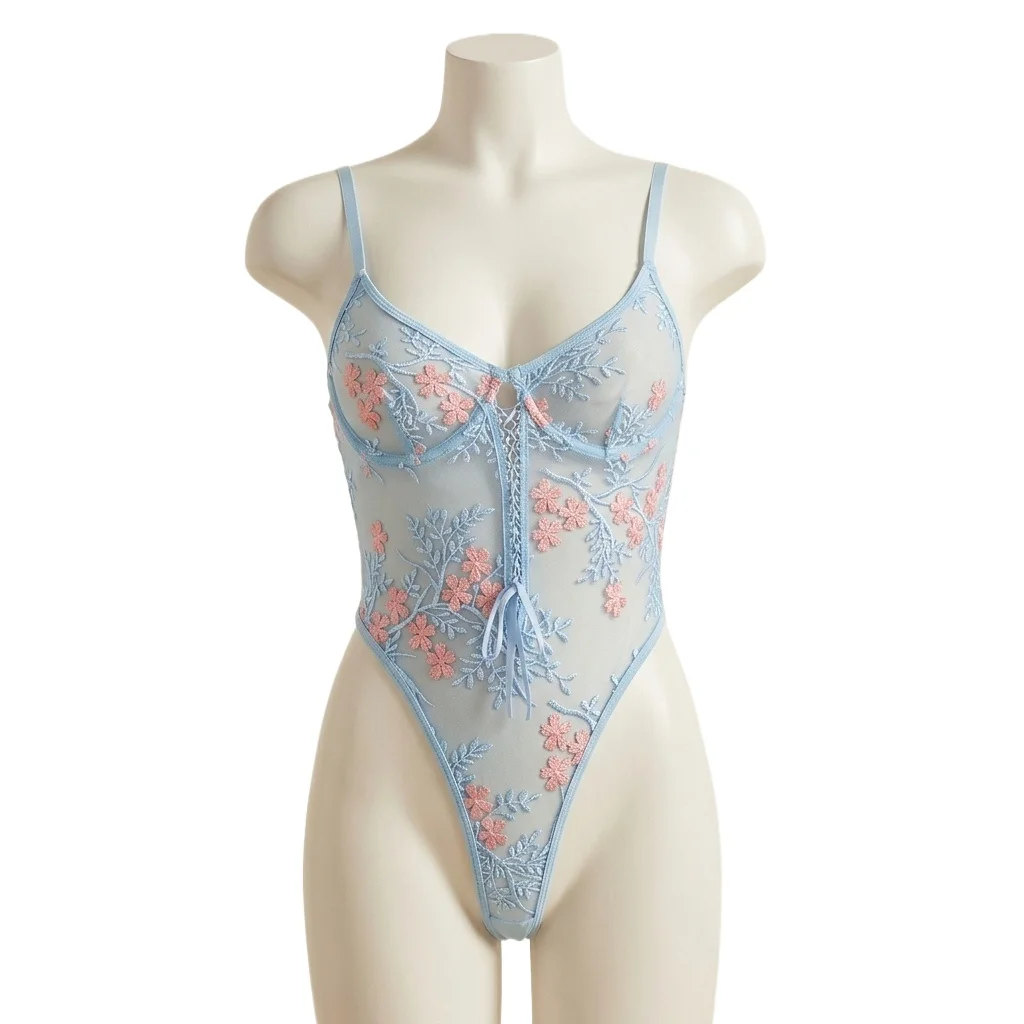 Women Lace Embroidered Mesh Bodysuit Lace-up Tight Bodystocking See-through Lace Body Suit