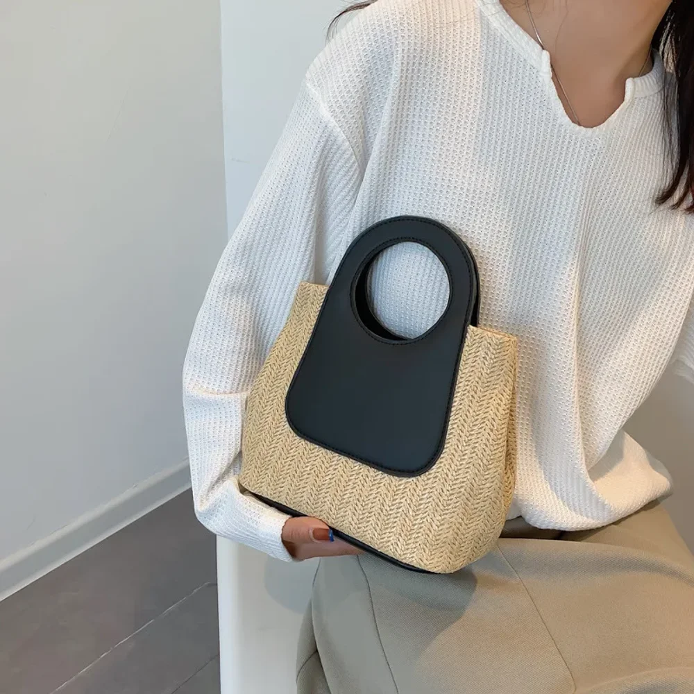 2026 New Ladies' handbag,Vintage Color Patchwork Straw Bag Large Capacity Hand-woven Bag Simple Fashion Shoulder Handbag