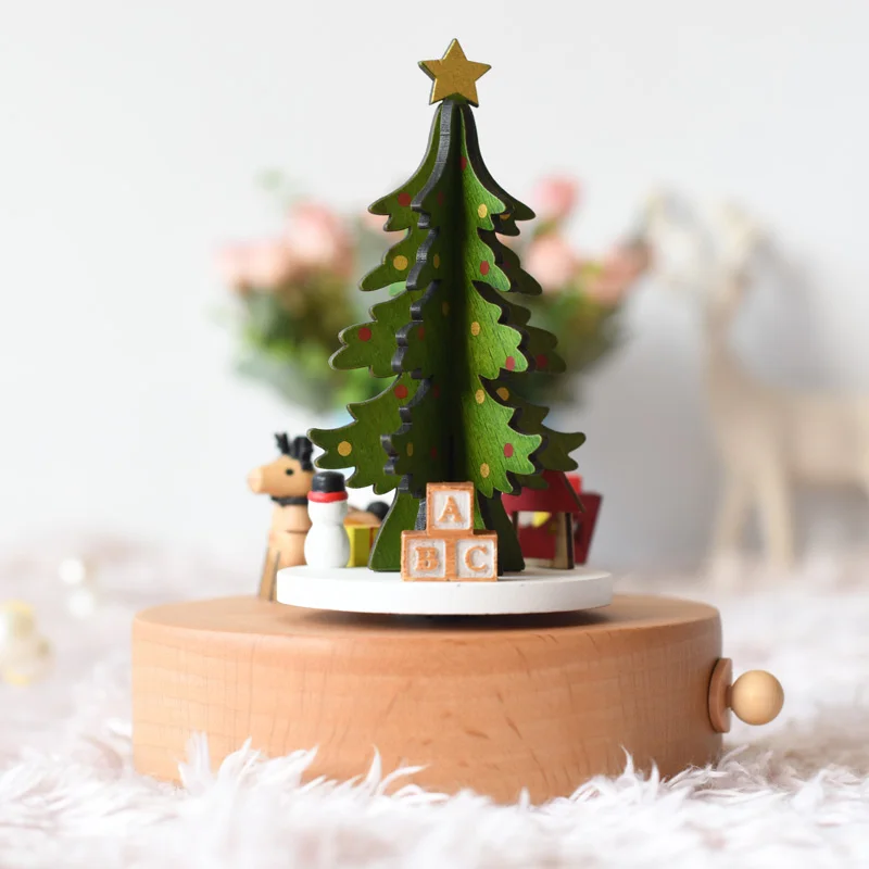 

Hot Sale Customizable Wooden Fawn Christmas Tree Music Box Christmas Gifts