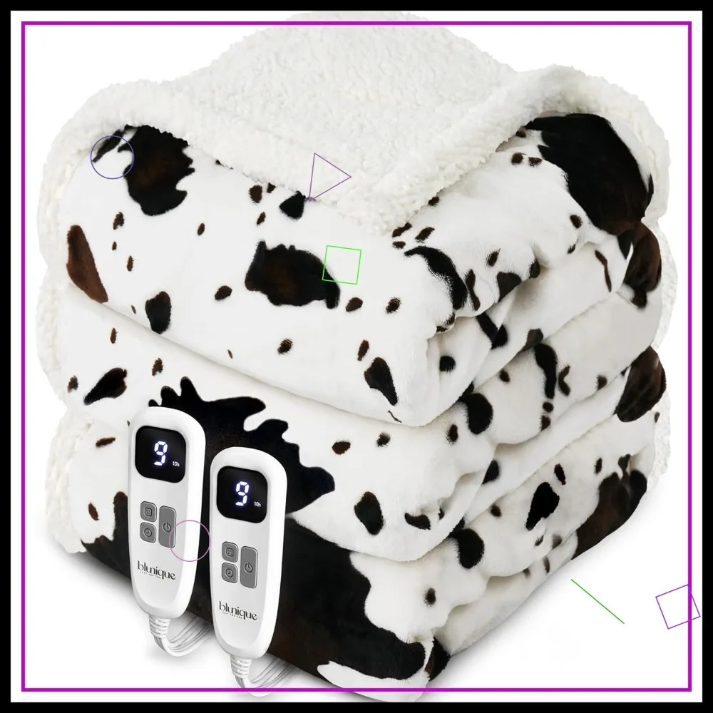 

Queen Size Electric Heated Blanket with Dual Control, 10 Heat Levels & Auto-Off, Soft Fleece Sherpa, Washable, Cow Print White