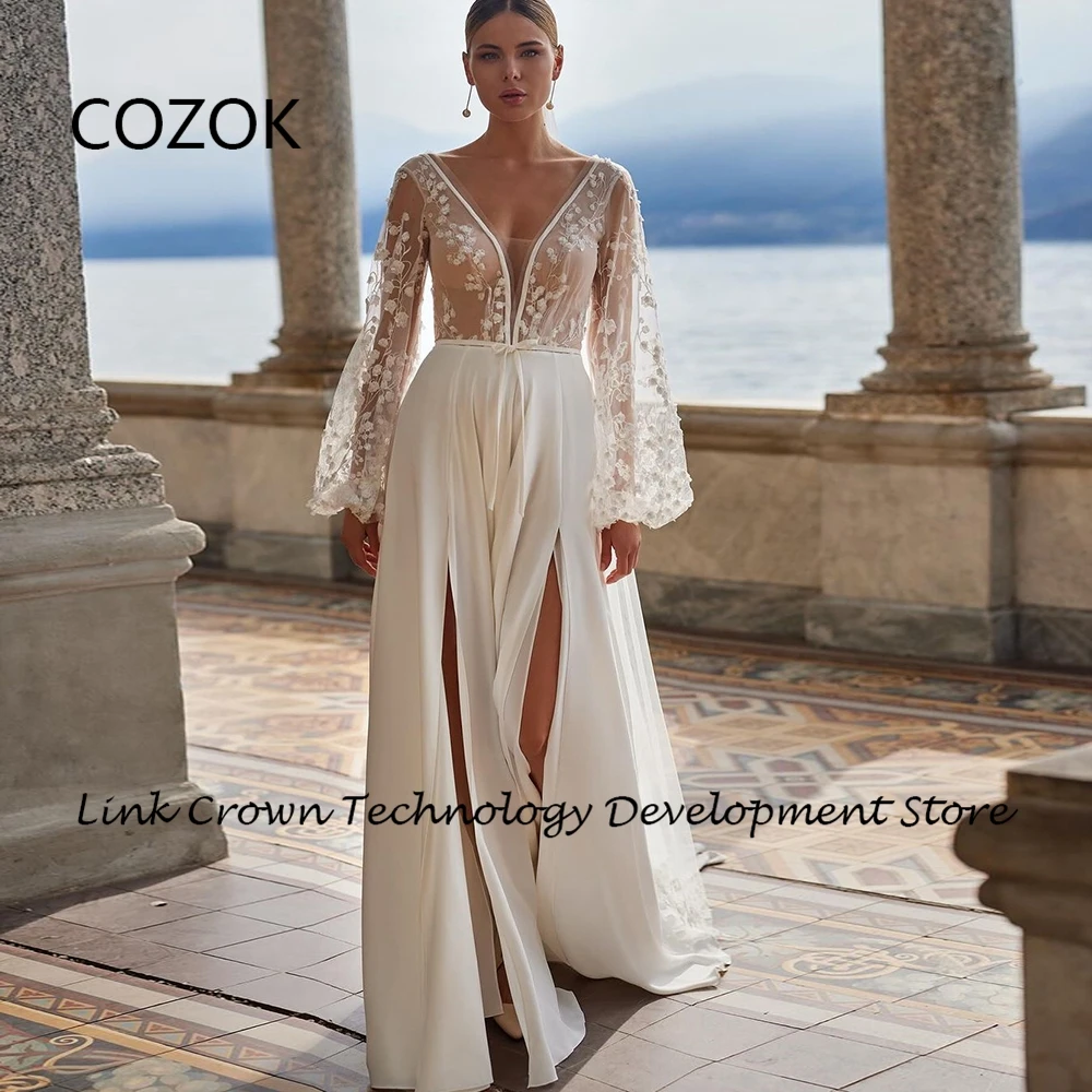 

COZOK Simple V Neck Wedding Dresses for Women 2024 Summer Front Slit Jersey Bridal Gowns Chiffon Full Sleeve Vestidos De Novia