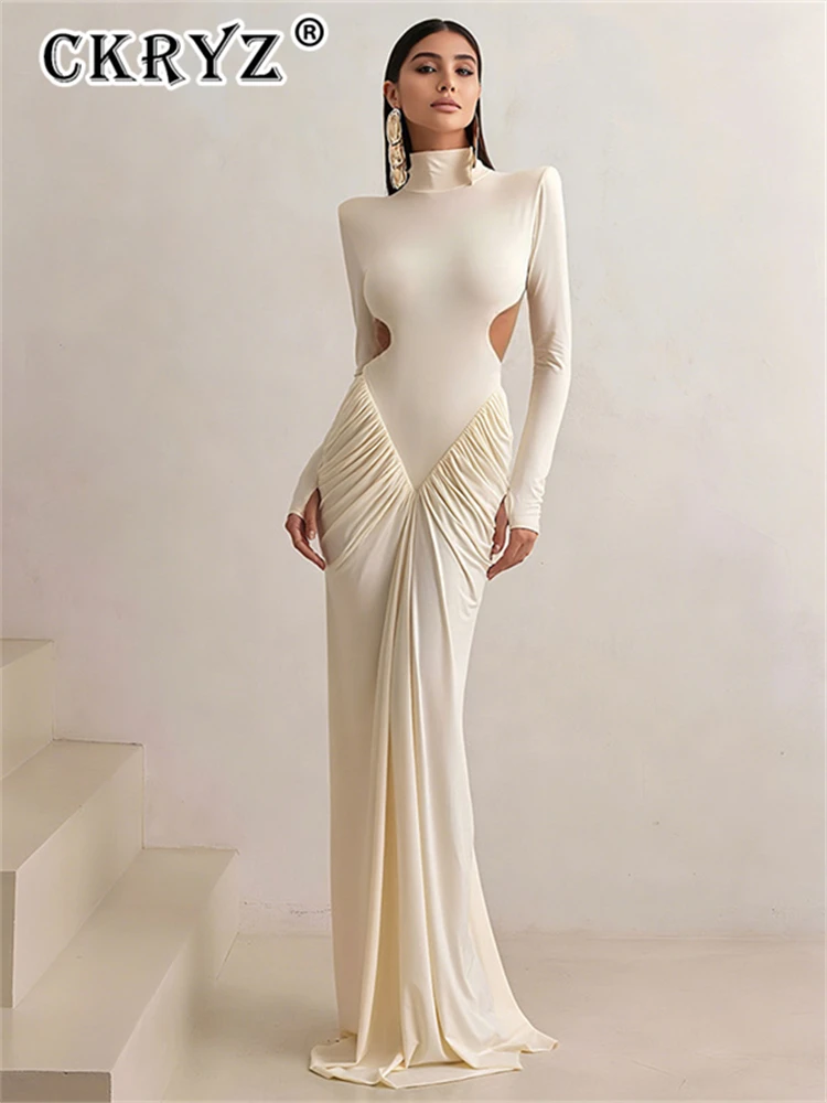 

Ladies Autumn Evening Party Dress Women Long Sleeve Hollow Out Backless Ruched Bodycon Maxi Dresses Club Streetwear Fall Outfit