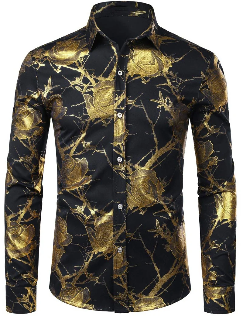 

Fashion Men's Shirt Flowers 3D Gold Pattern Printing Lapel Button Top Long Sleeve Shirt Clothing Styles Design Comfort Shirts