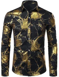 Camisa de manga larga para hombre, camisa con estampado 3D de flores y patrón dorado, solapa con botones, estilo de ropa, diseño cómodo