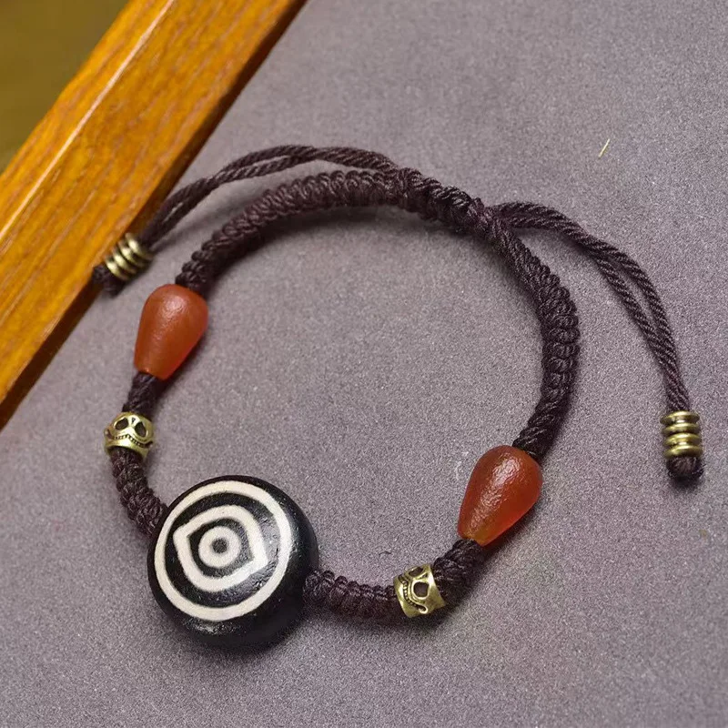 Natural two- sheep's eye dzi bead bracelet with water drop old agate and copper accessories, woven hand rope