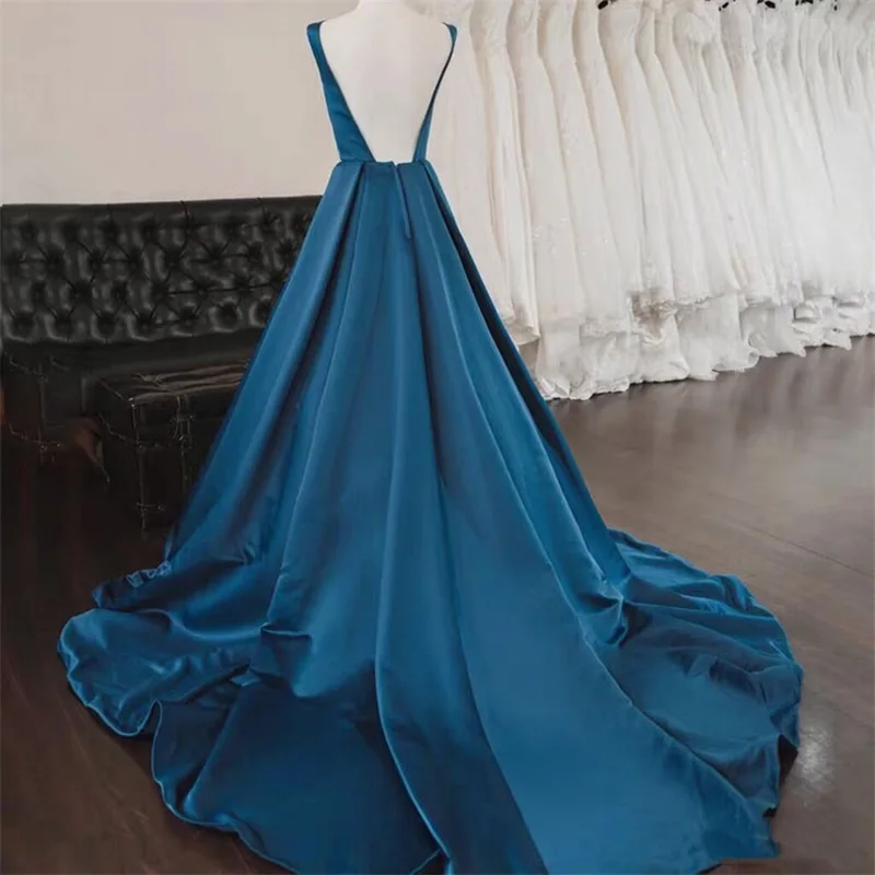Customized Women's Scoop Neck Sweep Train Prom Dresses Backless A-line Simple Satin Long Formal Evening Party Dress with Pockets
