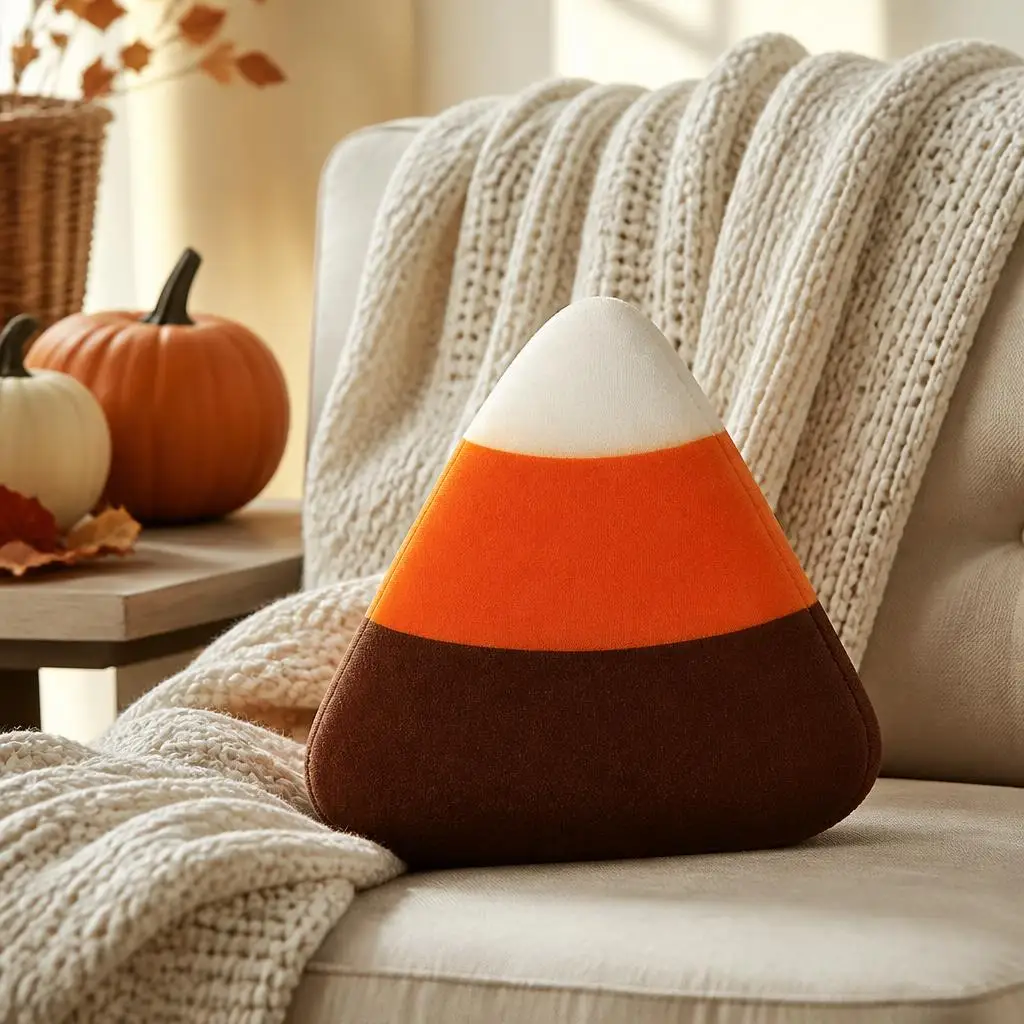 Halloween Candy Corn Plush Pillow Shaped Stuffed Cushion Fall Harvest Throw Pillow for Sofa Home Decor Foodie Gift Accent