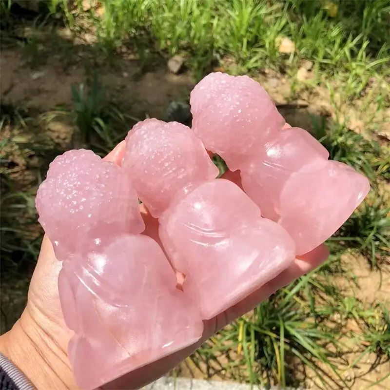 10cm Natural Rose Quartz Buddha Carving Figurine Ornament Feng Shui Craft Home Decor Stone Holiday Gift 1pcs