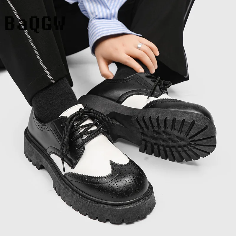 

British Style Casual Trendy Reflective Patent Leather Patchwork Thick Sole Platform Shoes for Men Women Street Style