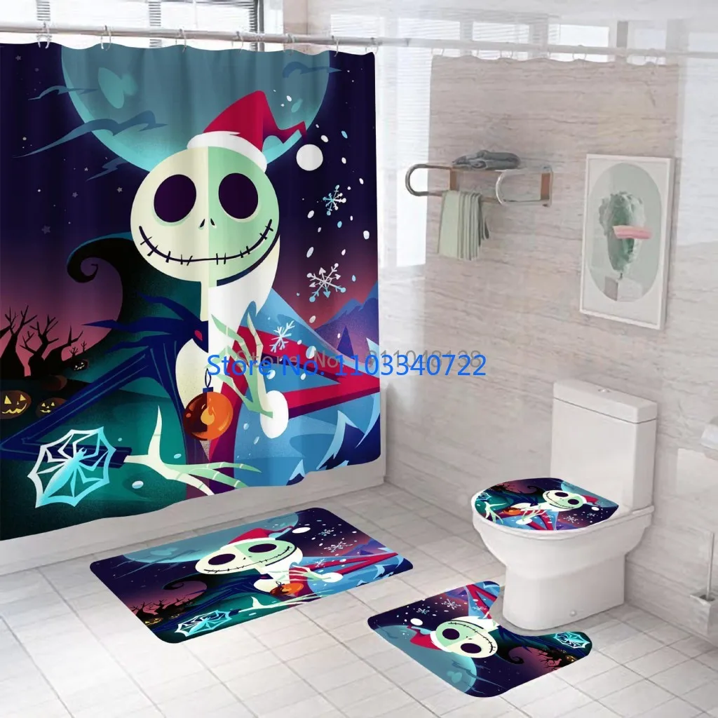 Nightmares Before Christmas Shower Curtain Set 4pcs with Hooks Cartoon Decor Waterproof Bathroom Toilet Mat Lid