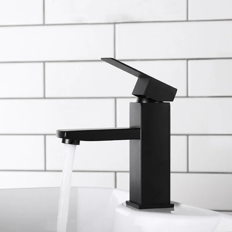 Bathroom Basin Faucet Stainless Steel Fashion Black Square Single Hole Baking Paint Cold and Hot Mixer Water Sink Taps