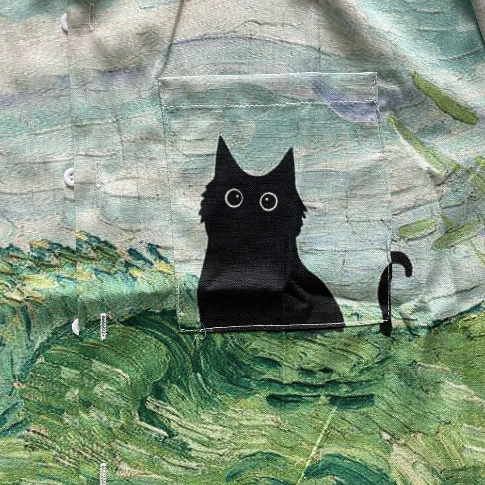 メンズキャットシャツ,リネンブレンドシャツ,ハワイアン,原宿ストリートウェア,カジュアル,赤ワインプリント,夏