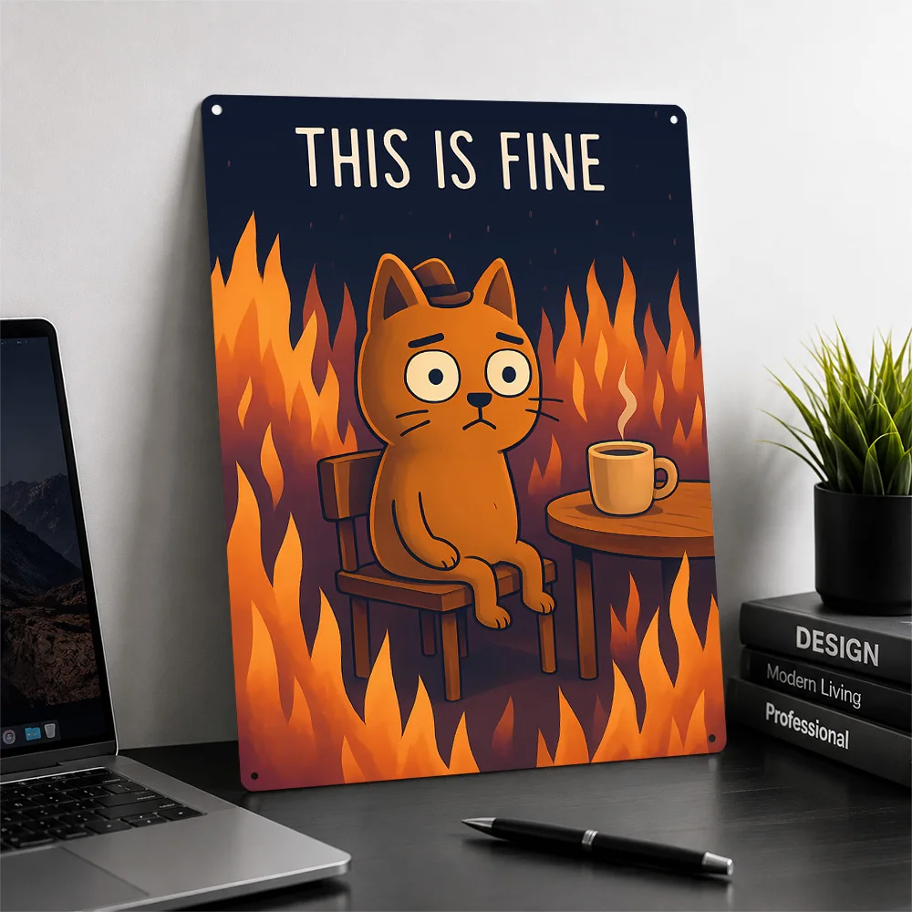 This Is Fine Meme Cat 3D Printed Texture Poster Personalized Wall Art Retro Metal Tin Signs for Garage Accessories Office Decor