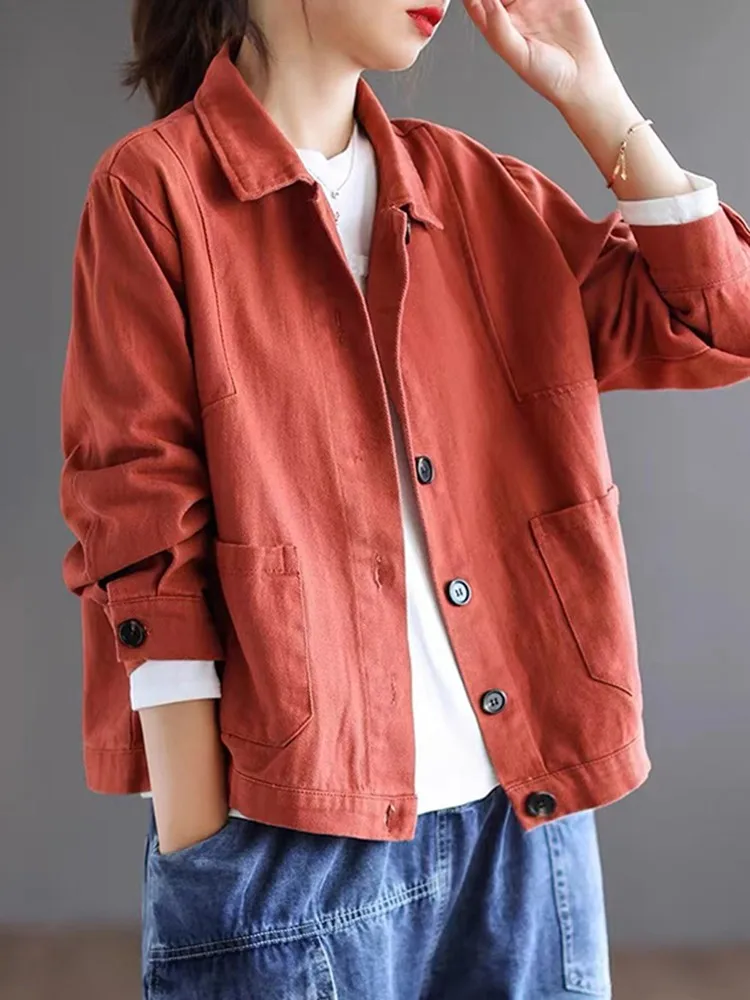 100% Cotton Women Casual Short Jackets New Arrival 2022 Autumn Korean Style Solid Color All-match Female Outerwear Coats B2149