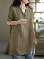 2024 Summer Fashion New Women's Cotton and Hemp T-shirt Elegant Casual Commuting Style Half Open Short Sleeve Long Top
