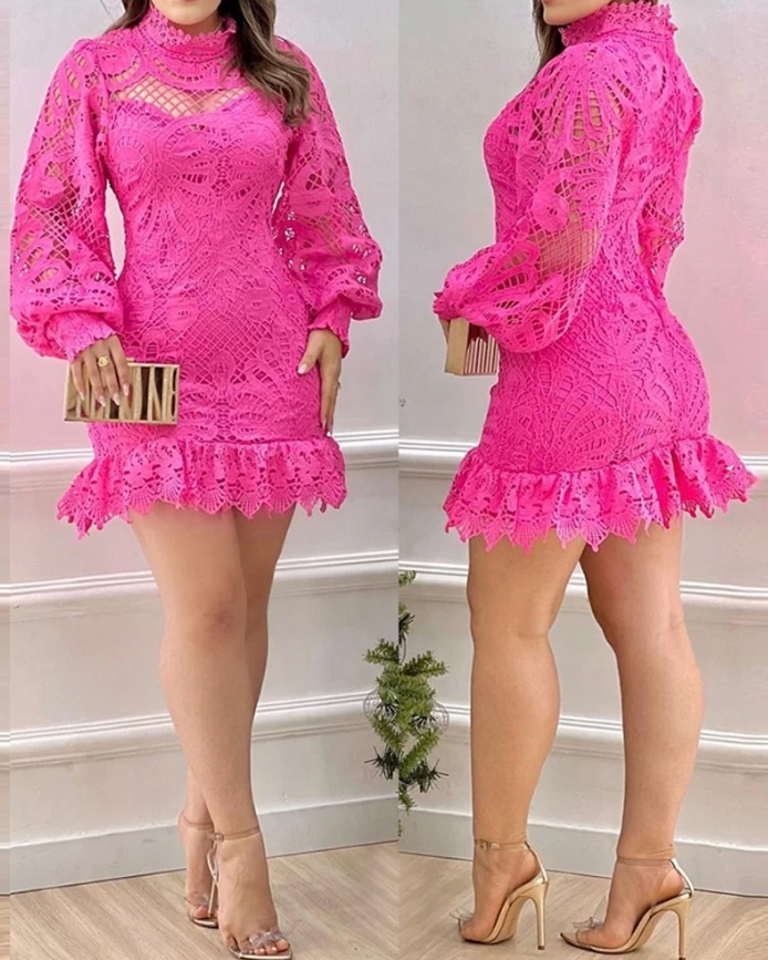 

High-Neck Lantern Sleeves Lace Hollow-out Slim Fit Bodycon Frill Hem Mini Party Dress