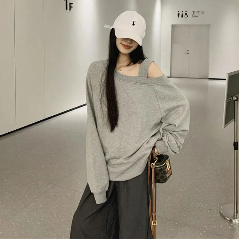 

American Skew Collar Pullovers Women's Clothing Stylish Off Shoulder Spring Autumn Casual Solid Color Loose Basic Sweatshirts