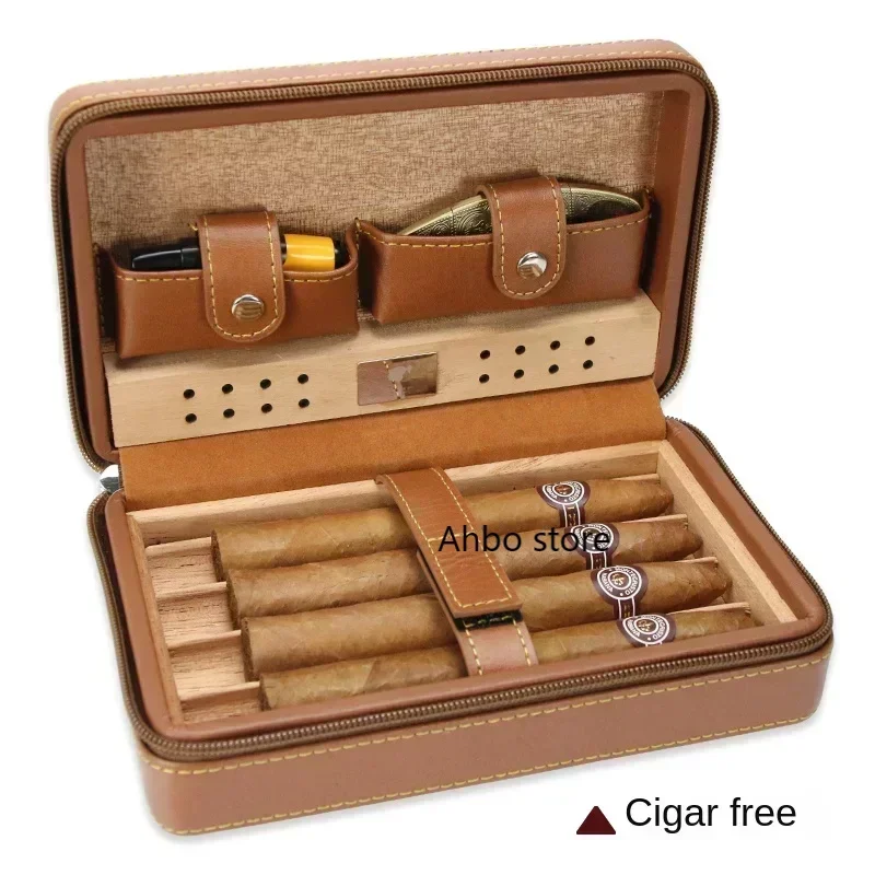 Cigar case portable cedar travel creative leather case cigar cutter lighter set cigar moisturizing bag