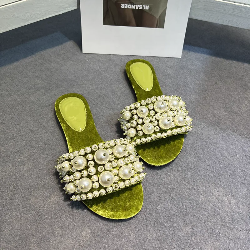 Outdoor Slippers Rhinestone Pearl Holiday Flat Slippers Women Flannel Open Slip On Luxury Sandals Elegant Comfortable Women Shoe