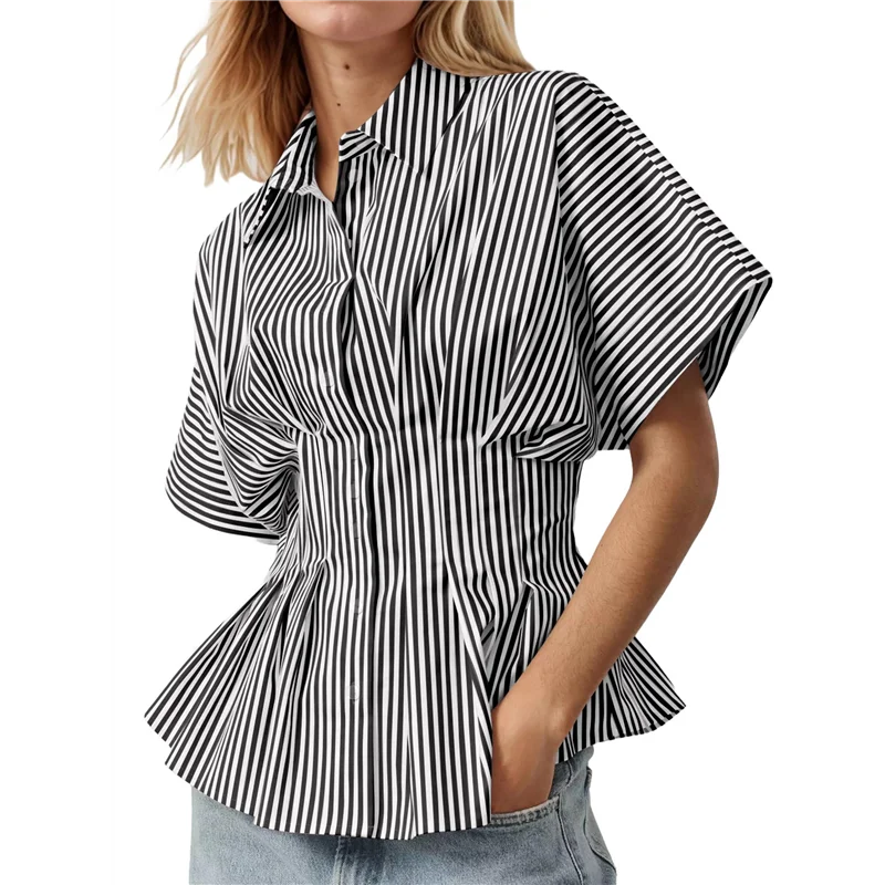 

A83F полосатые рубашки на пуговицах для женщин, плиссированная корсетная блузка с короткими рукавами, повседневная летняя блузка