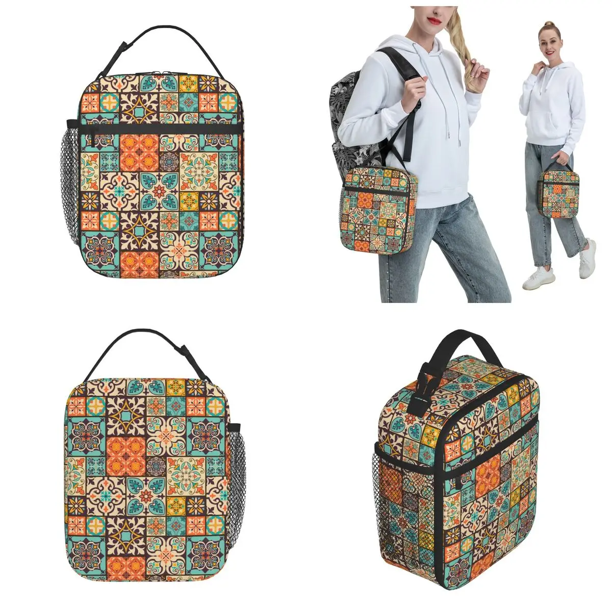 Colorful Patchwork Tile Talavera Style Merch Insulated Lunch Bag For Picnic Food Storage Bag Reusable Thermal Cooler Lunch Boxes