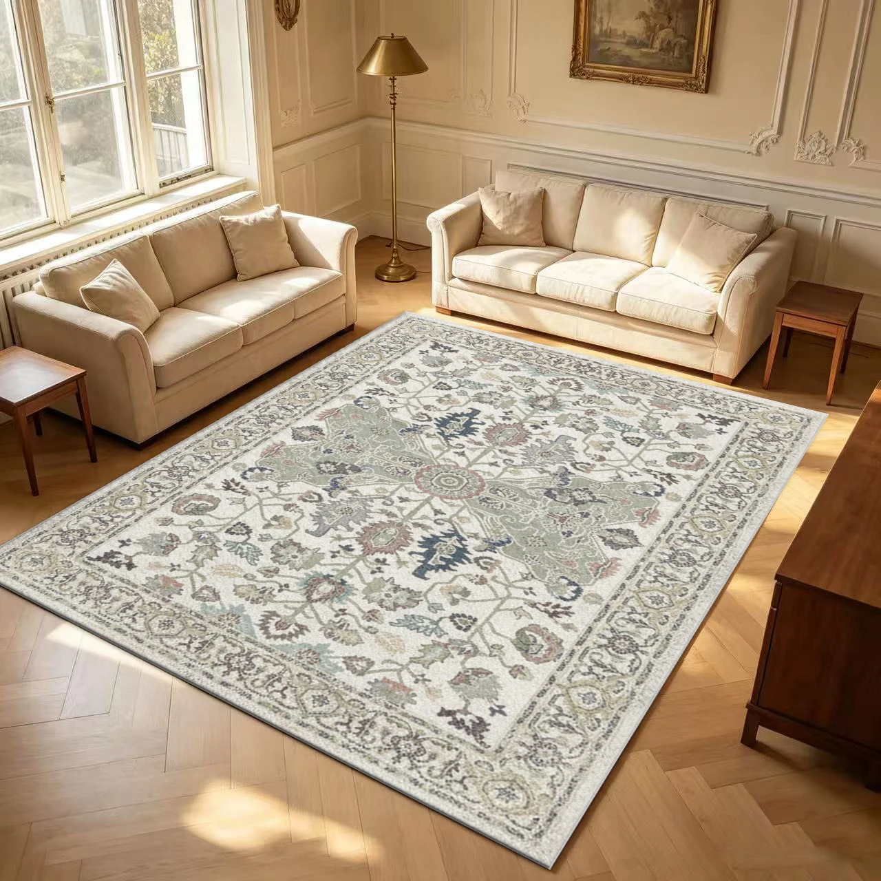 Light Sage Green Vintage Oushak Floral Area Rug Neutral Distressed Turkish Oriental Carpet Non Slip Washable Living Room Bedroom Floor Mat