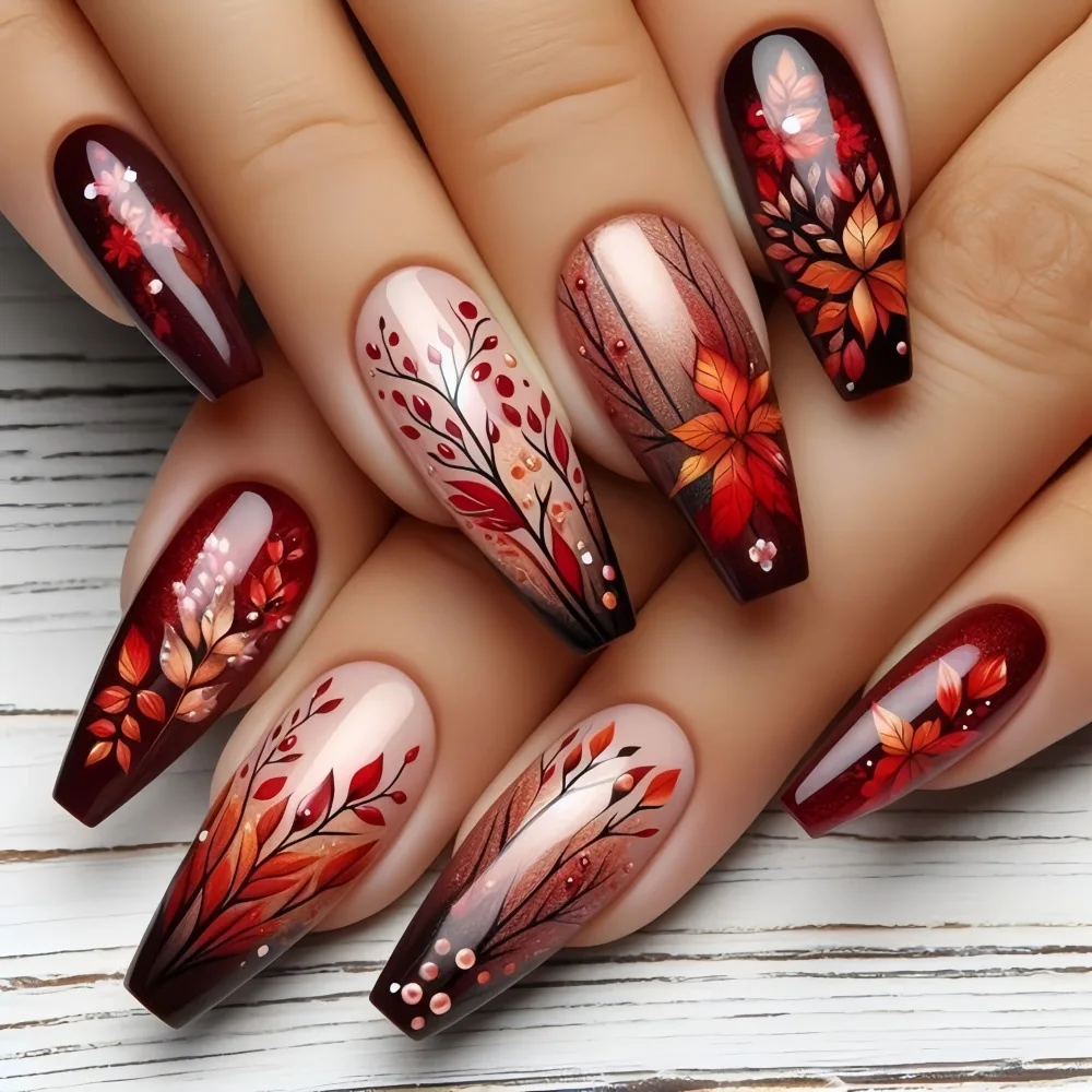 Kurze, mittellange künstliche Nägel für Herbst und Winter, Farbverlauf, rot, orange, Kaffee, Ahornblatt, Vogel, Balle-Spitzen, zum Aufdrücken des falschen Nagelkunst-Sets