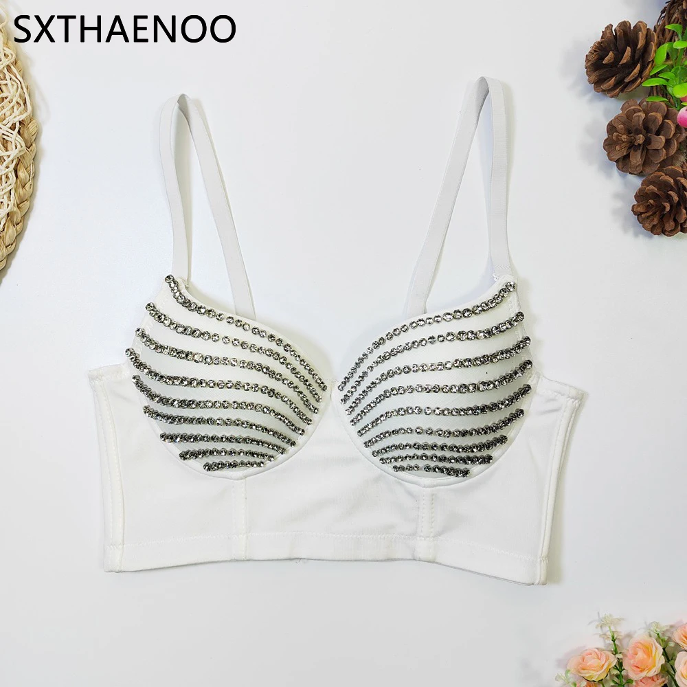 

SXTHAENOO Diamonds Rhinestone Camisole Women Nightclub Camisole Slim Sexy Mujer Femme Bustier Corset Top sparkle Chest Tank Top