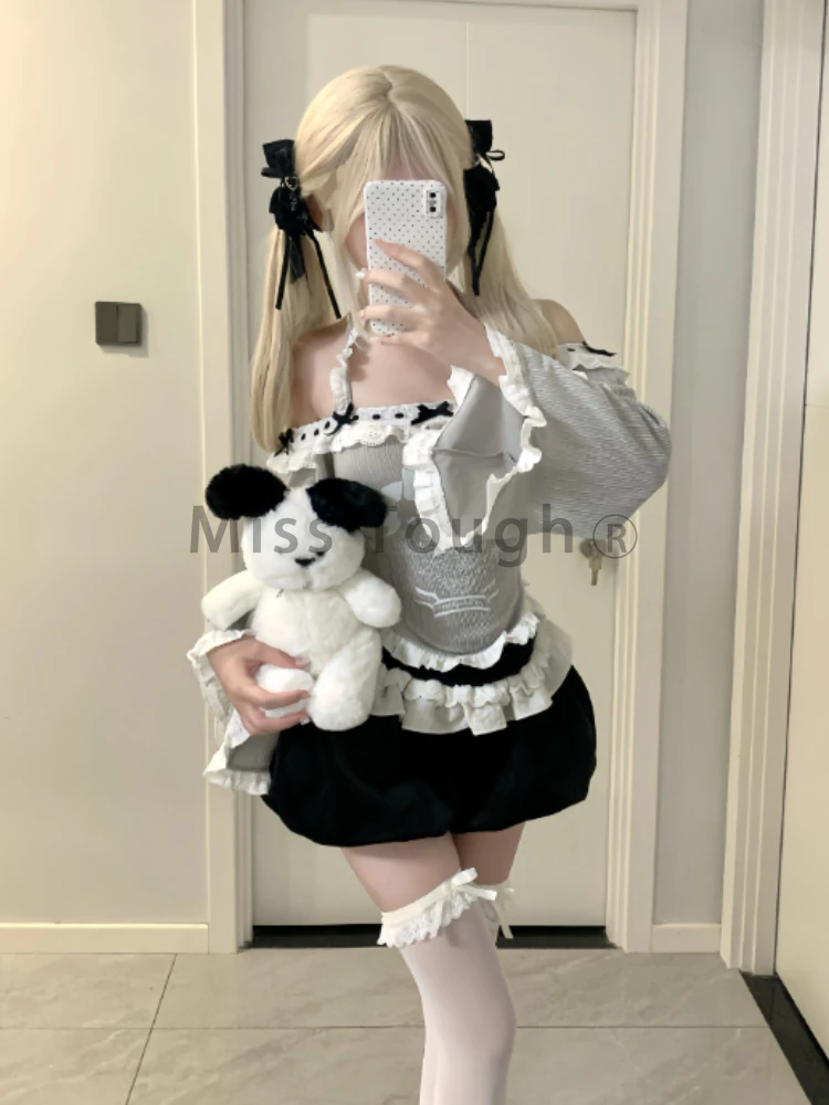 Autumn Sweet Cute Thin 2-piece Set Women Design Chic Bow Off Shoulder Long Sleeve Tops Female + High Waist Solid Short Pants Set