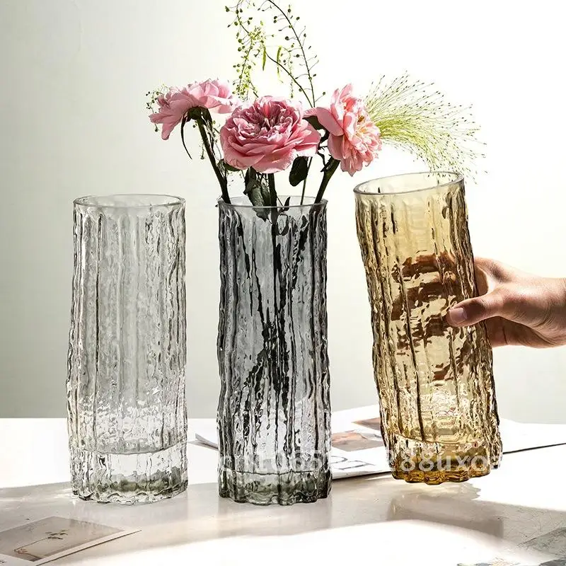 

Glacier Pattern High-Grade Glass Vase Large Diameter Modern Minimalist Flower Arrangement Hydroponic Decorative Vase for Home