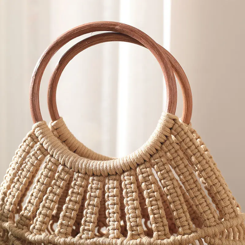 2023 Summer New Wooden Handle Rattan Handle Solid Color Hollow Handmade Cotton Rope Woven Bag Beach Vacation Handbag