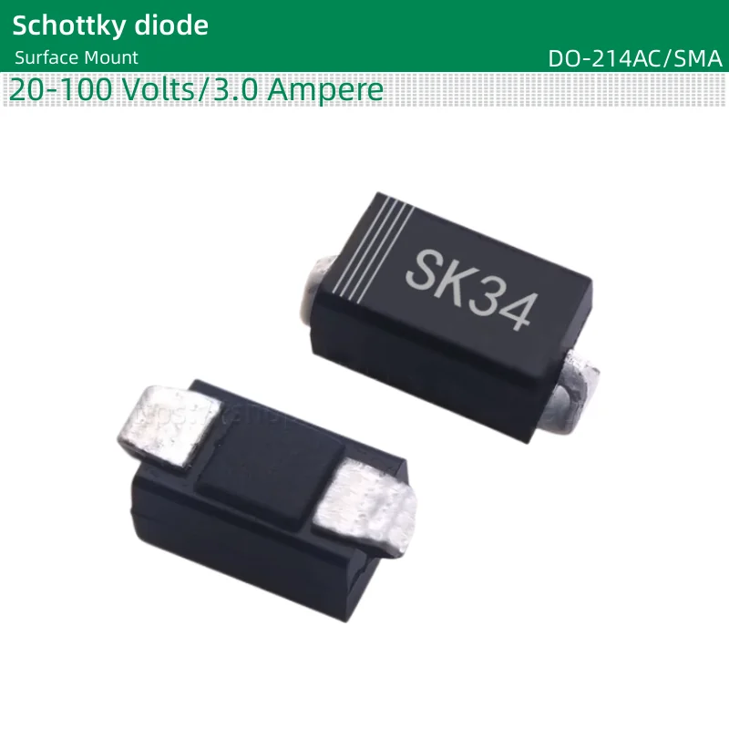 Diodo de montagem em superfície Schottky, 20 a 100 volts, 3,0 ampères, DO-214AC, SMA, SK32, SK33, SK34, SK35, SK36, SK38, SK310, 50pcs por lote