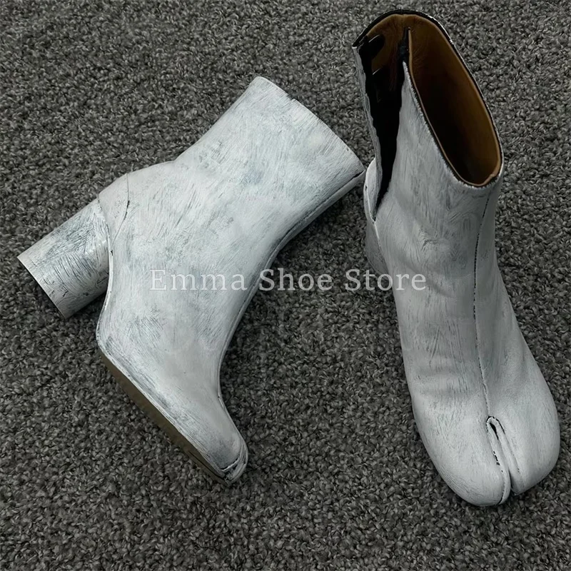 

Tabi White Chunky Heel Women's Split Toe Boots Calf Leather Side Zipper Vintage Ankle Boots Fashion Winter Warm Female Shoes