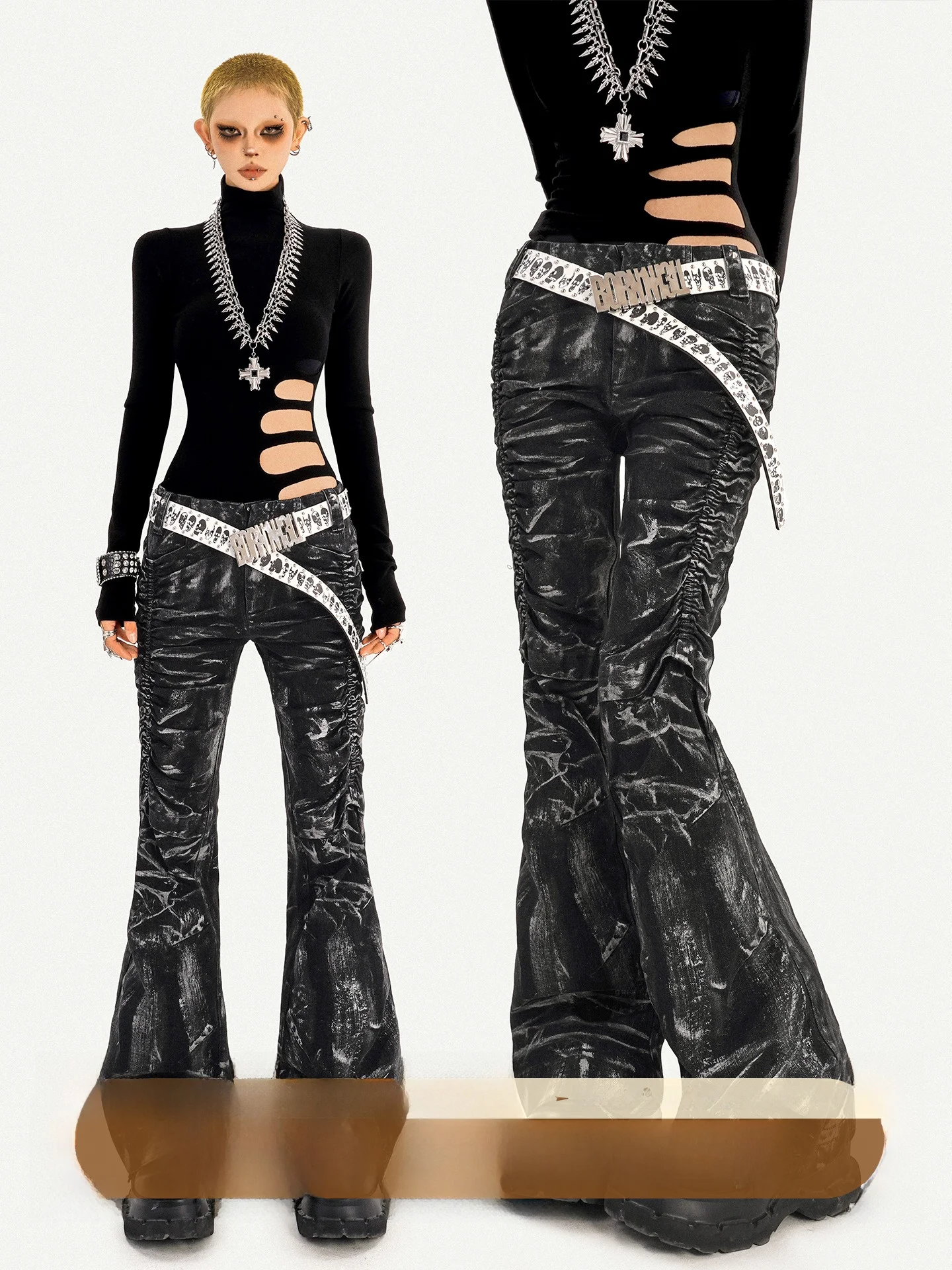 

NICO MOLLY Punk Sle Bla Джинсовые джинсы с молнией Женские деконструированные длинные брюки с тяжелыми сложенными микро-расклешенными брюками