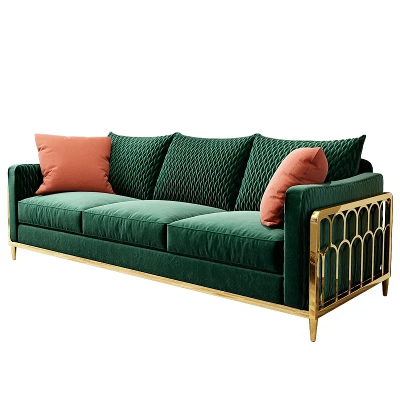 

Modern living room sofas 1 2 3 seater Wedding furniture Golden Steel Arm velvet Light Luxury fabric sofa set with metal frame