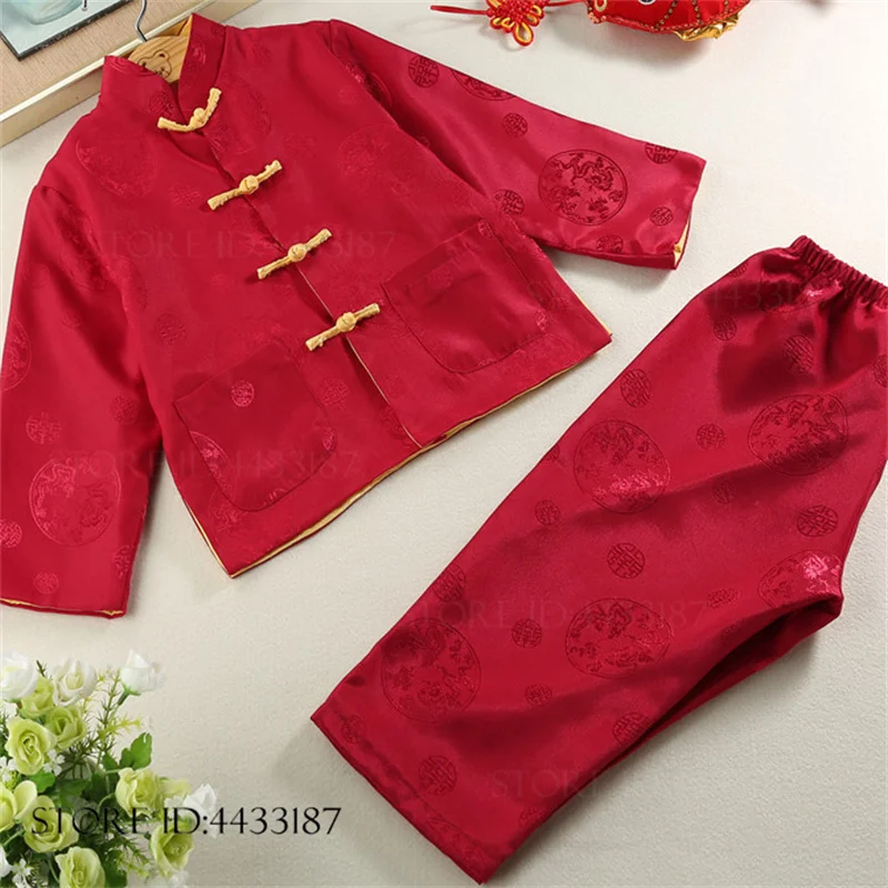 

Spring Autumn Children's Tang Suit Vintage Children's Tang Suit Jacquard Long Sleeved Pants Kung Fu Tai Chi Uniform Set Hanfu