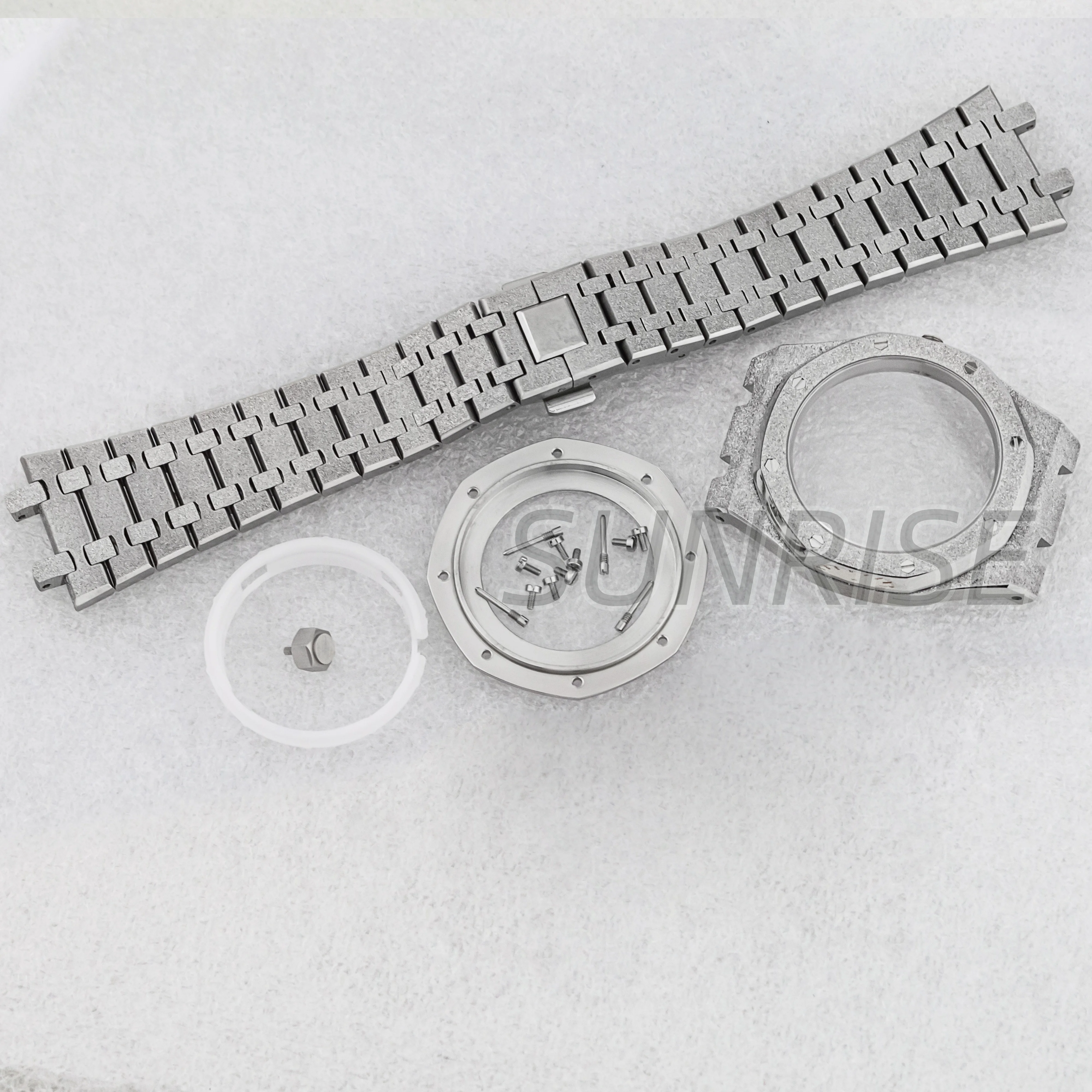 

41mm Frost Watch Case Butterfly Buckle Strap Dial Hands Transparent Bottom Watch Accessories for Royal Oak Seiko NH35 NH36 NH70