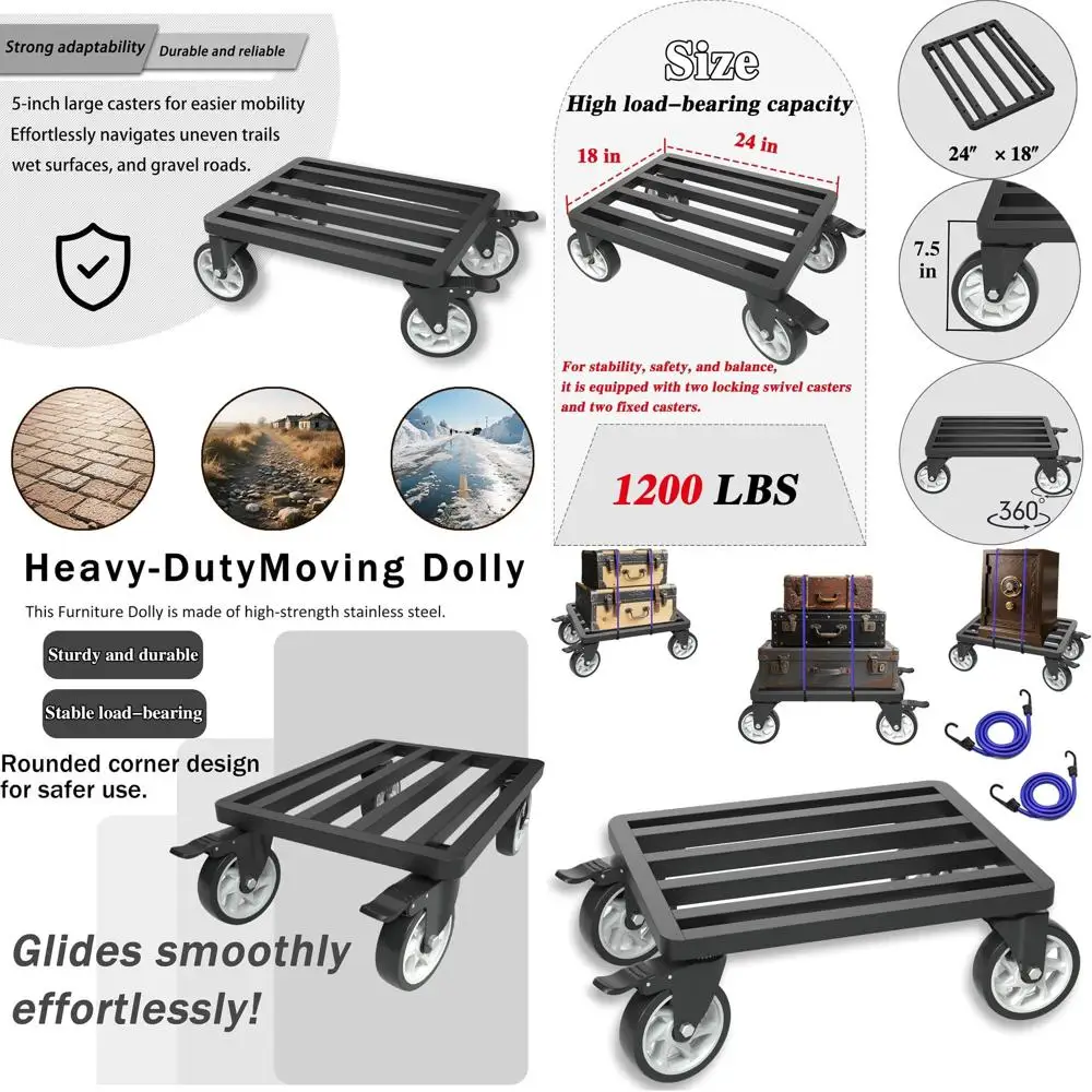 

Stainless Steel Heavy-Duty Furniture Dolly, 24 x 18, 1200 lbs Capacity, Swivel Casters, Secure Tie-Downs