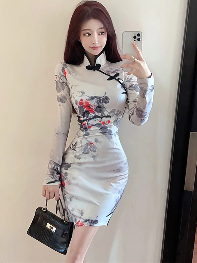 2024 weiß Floral Langarm Bodycon Mini Kleid Frauen Koreanische Vintage Cheongsam Kleid Herbst Winter Elegante Luxus Abendkleid
