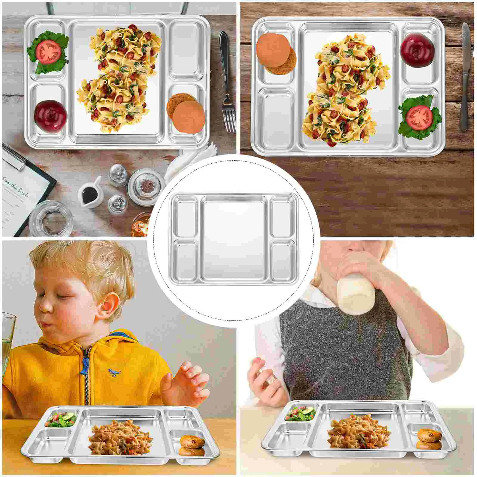 

Stainless Steel Grid Food Storage Plate Container Breakfast Divided Western Child Kids Plates