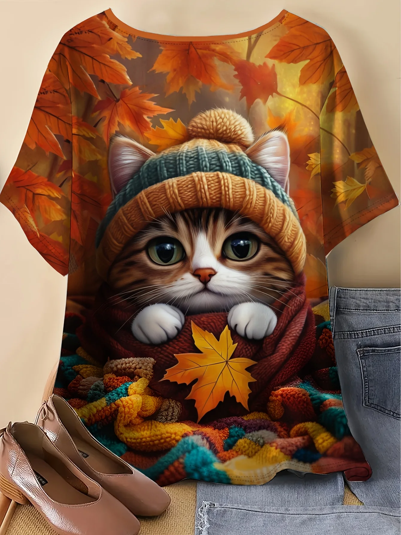 Women Round Neck Short Sleeve T‑shirt Warm Autumn Cat Maple Leaf Knit Hat Print Loose Fit Casual Daily Tee Top Women's Clothes