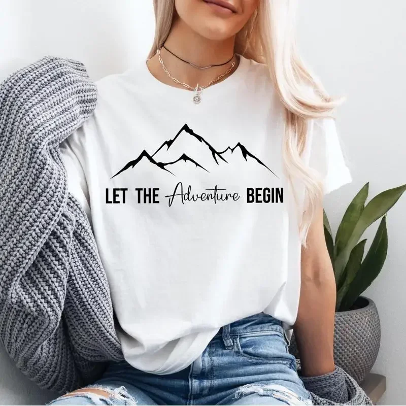 Let The Adventure Begin T Shirt Mountains SweaT Adventurous Women Camping Vacation Hiking Club